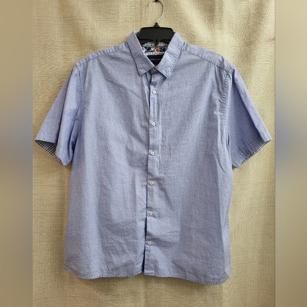 Denim‎ &Flower Men's Blue Polka Dot Button Down Short Sleeve Shirt Slim Size XL